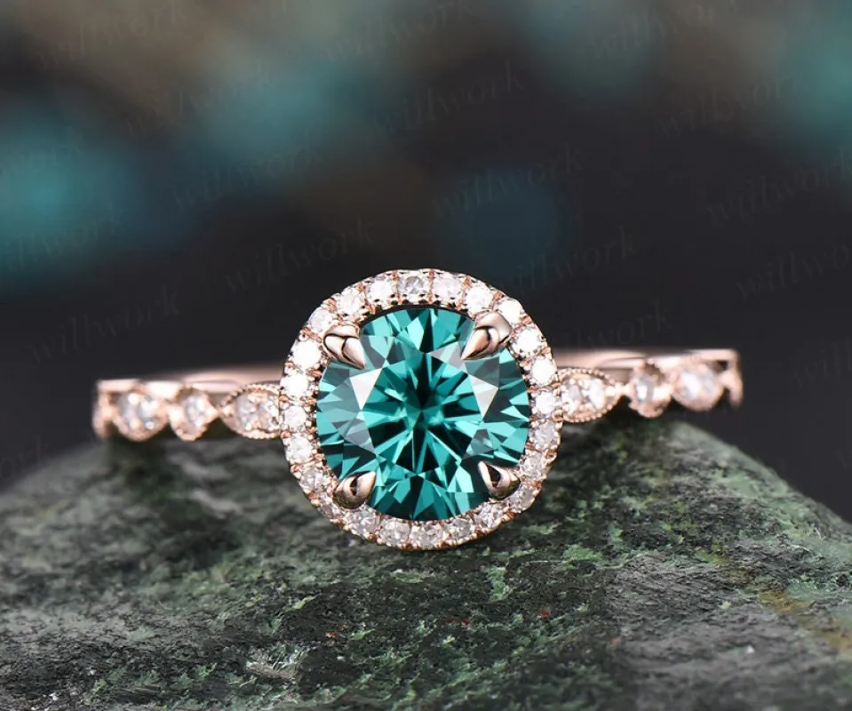Rose gold ring 1ct Green moissanite engagement ring Colorful moissanite ring art deco diamond ring bridal wedding promise ring unique gift sold by Willwork Jewelry
