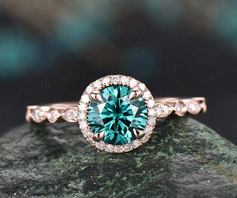 Rose gold ring 1ct Green moissanite engagement ring Colorful moissanite ring art deco diamond ring bridal wedding promise ring unique gift sold by Willwork Jewelry