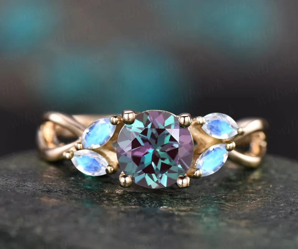 Round Alexandrite engagement ring rose gold five stone vintage unique marqusie moonstone engagement ring for women anniversary wedding ring sold by Willwork Jewelry