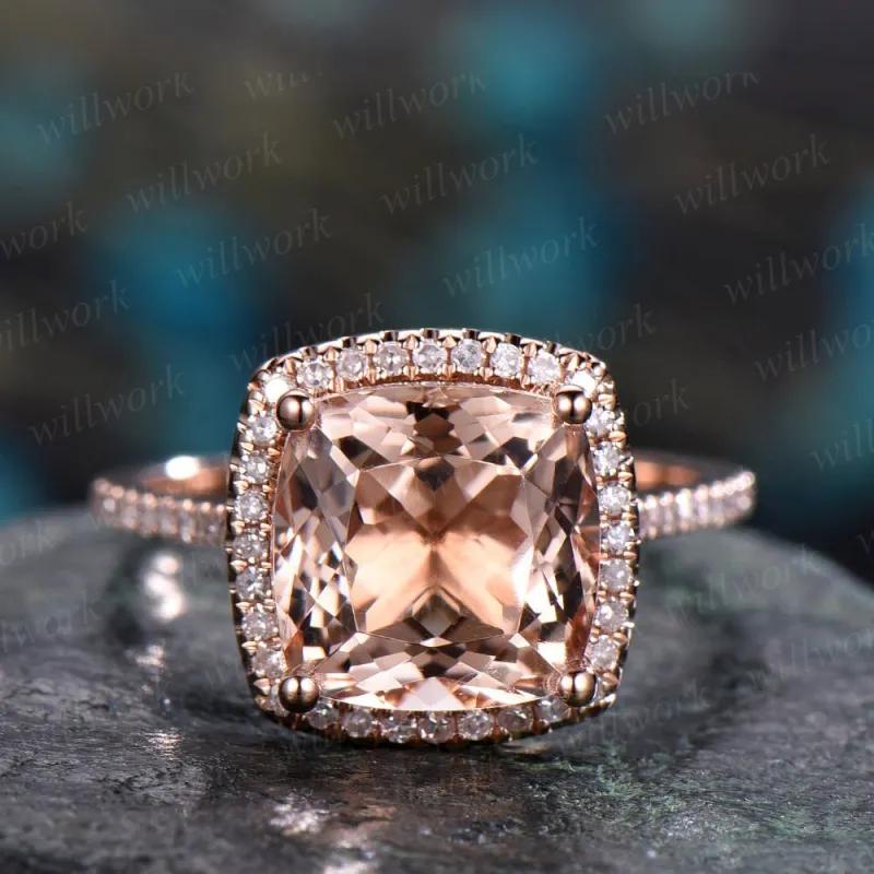 Morganite engagement ring Rose Gold -Solid 14k gold ring-Real Diamond Ring-8mm Cushion gemstone promise ring-Bridal Ring-halo diamond band made by Willwork Jewelry
