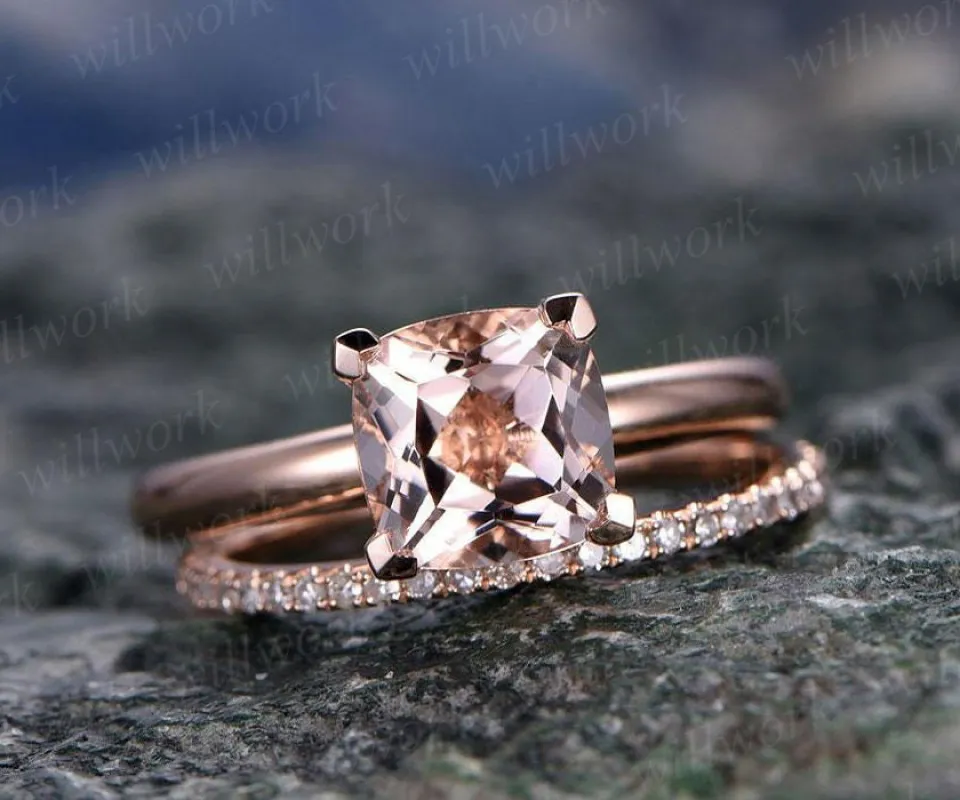 Morganite engagement ring set solid 14k rose gold ring real diamond ring cushion unique antique wedding anniversary bridal promise ring set made by Willwork Jewelry