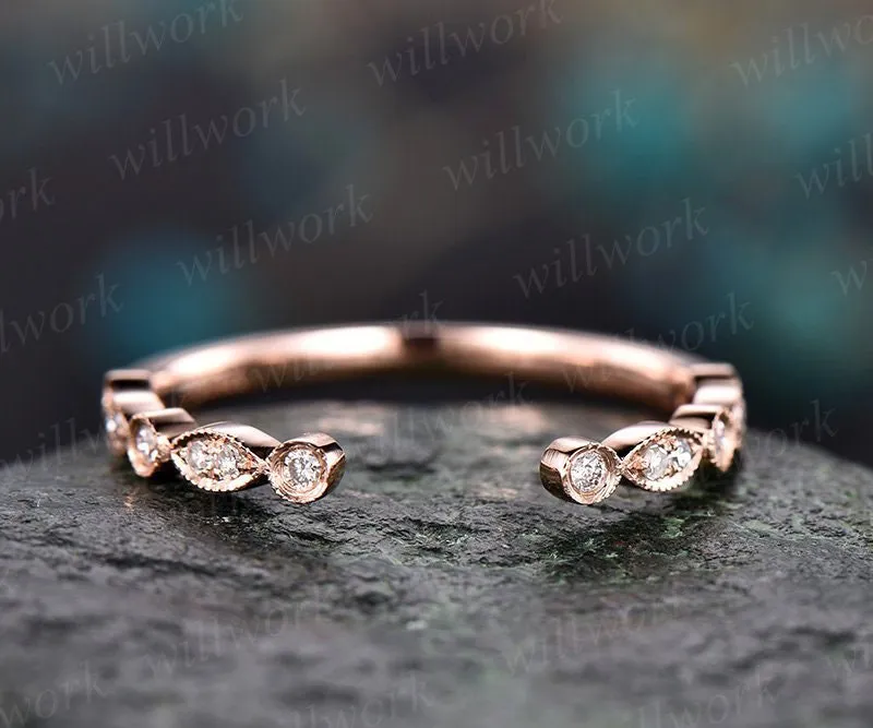 ONLY the diamond wedding band-handmade 14k Rose gold ring-Real Diamond Stacking band-Half eternity open art deco ring-Migrain sold by Willwork Jewelry