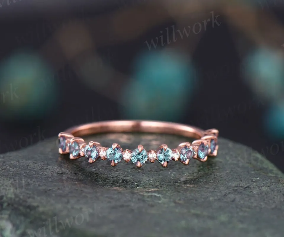 Alexandrite wedding band Vintage diamond ring for women rose gold half eternity diamond wedding ring band unique bridal anniversary ring sold by Willwork Jewelry