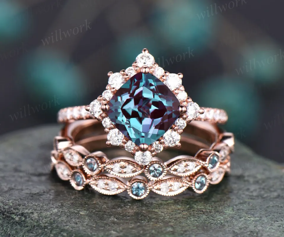 Unique engagement ring set cushion cut Alexandrite engagement ring set diamond ring set cluster halo ring women jewelry June birthstone ring sold by Willwork Jewelry