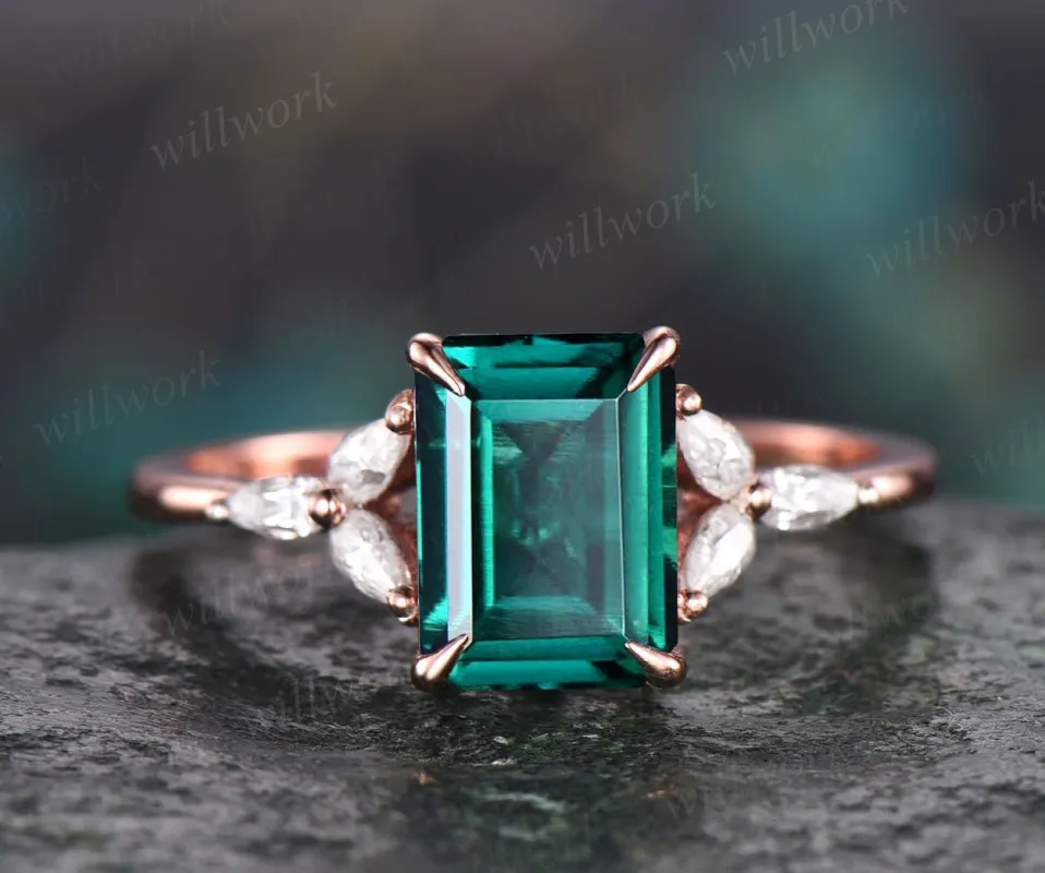 Unique vintage emerald cut engagement ring emerald engagement ring pear moissanite ring rose gold for women custom jewelry birthstone ring sold by Willwork Jewelry