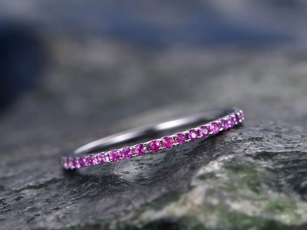 Pink Sapphire wedding ring-solid 14k white gold-handmade petite ring-half eternity- 1.2mm Matching band-tiny stones promise ring-best gift sold by Willwork Jewelry