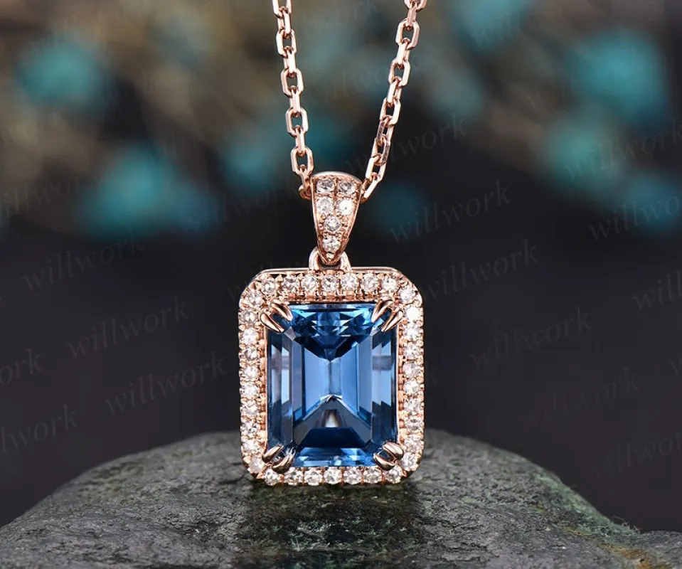 London blue topaz necklace blue topaz necklace 14k rose gold pendant December birthstone necklace dainty unique real diamond halo necklace sold by Willwork Jewelry