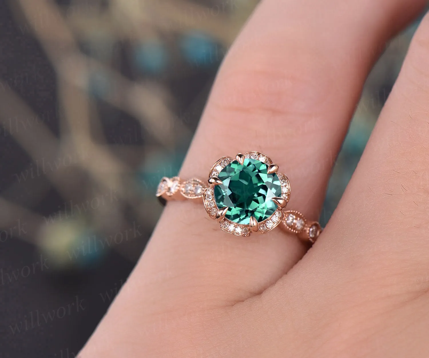 7mm emerald ring vintage emerald engagement ring 14k rose gold diamond under halo ring unique antique marquise floral wedding promise ring sold by Willwork Jewelry product image thumbnail 2