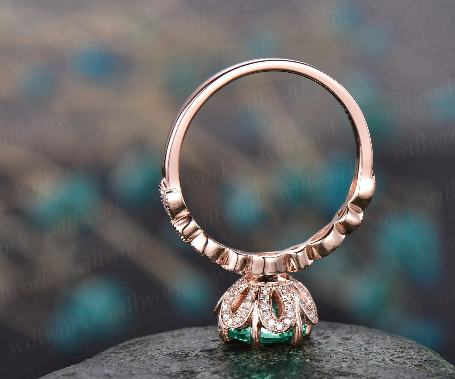 7mm emerald ring vintage emerald engagement ring 14k rose gold diamond under halo ring unique antique marquise floral wedding promise ring sold by Willwork Jewelry product image thumbnail 4