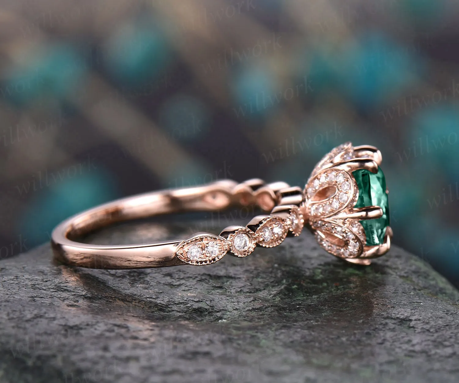 7mm emerald ring vintage emerald engagement ring 14k rose gold diamond under halo ring unique antique marquise floral wedding promise ring sold by Willwork Jewelry product image thumbnail 3