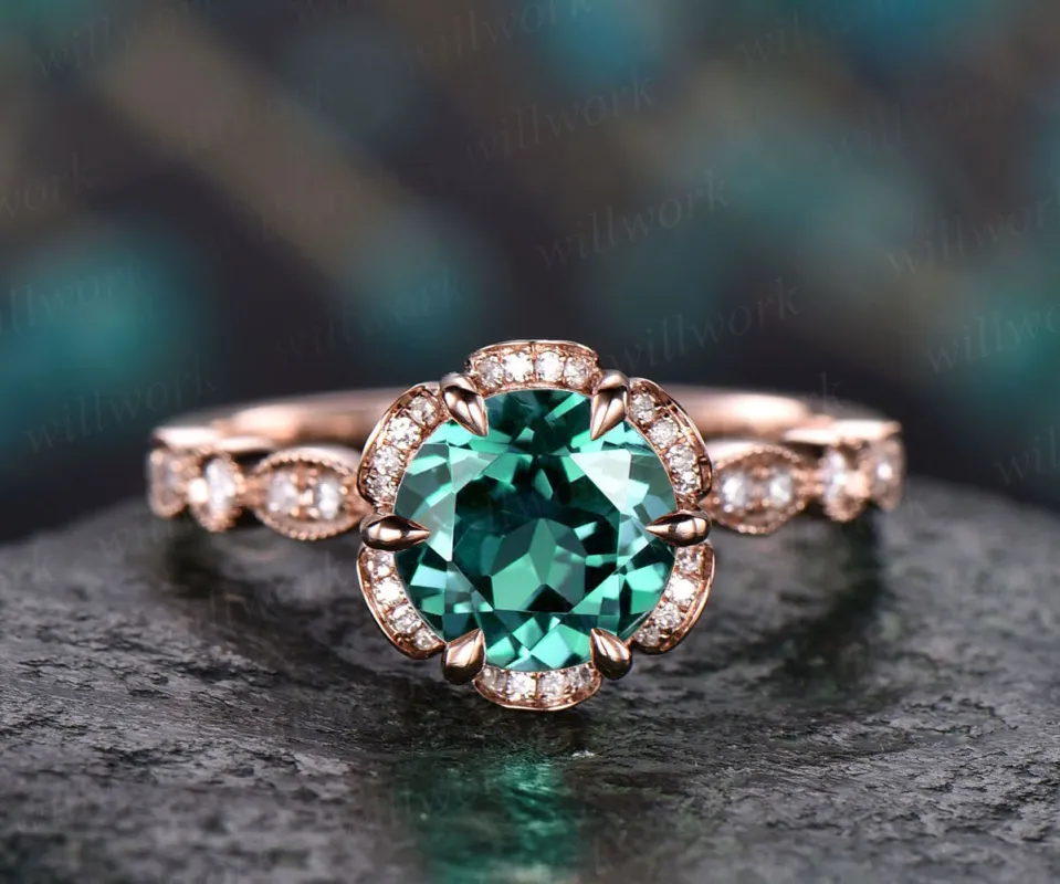 7mm emerald ring vintage emerald engagement ring 14k rose gold diamond under halo ring unique antique marquise floral wedding promise ring sold by Willwork Jewelry