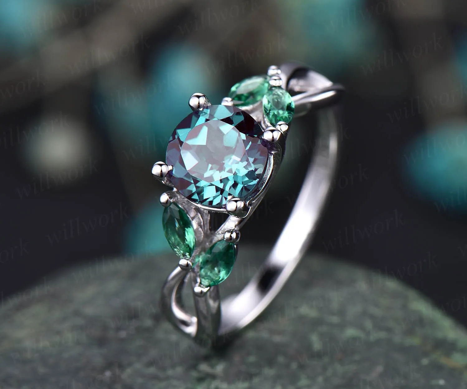Unique engagement ring vintage engagement ring Alexandrite engagement ring white gold marquise emerald ring gold wedding anniversary gift sold by Willwork Jewelry