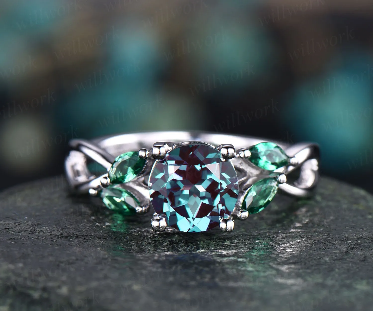 Unique engagement ring vintage engagement ring Alexandrite engagement ring white gold marquise emerald ring gold wedding anniversary gift sold by Willwork Jewelry product image thumbnail 3