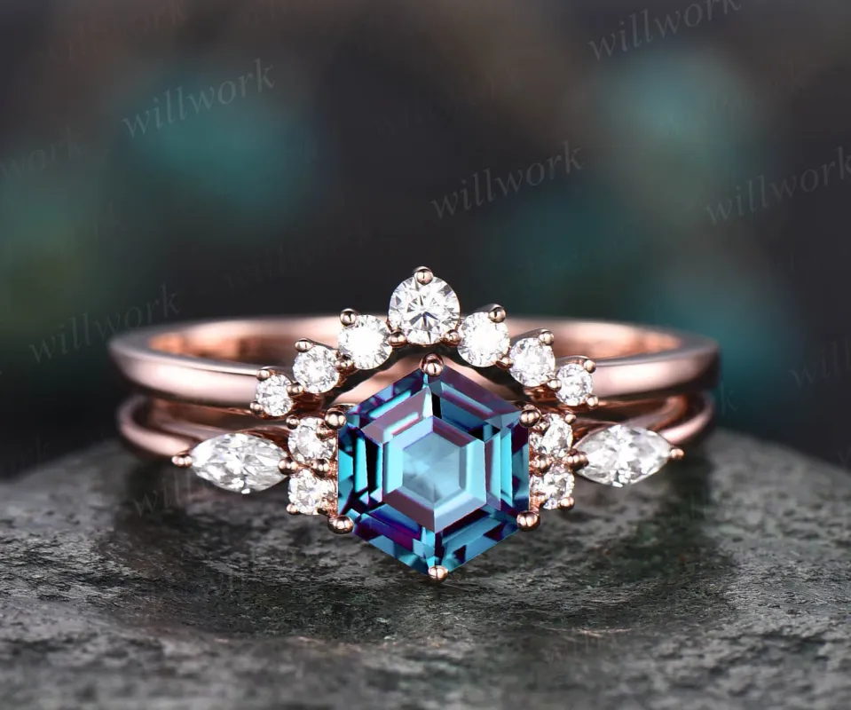 Color change Alexandrite ring set for women hexagon Alexandrite engagement ring set vintage art deco rose gold moissanite wedding ring set sold by Willwork Jewelry