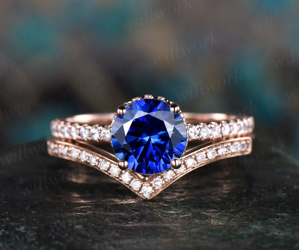 2pcs blue sapphire ring vintage sapphire engagement ring set rose gold for women under moissanite halo September birthstone brdial ring set sold by Willwork Jewelry