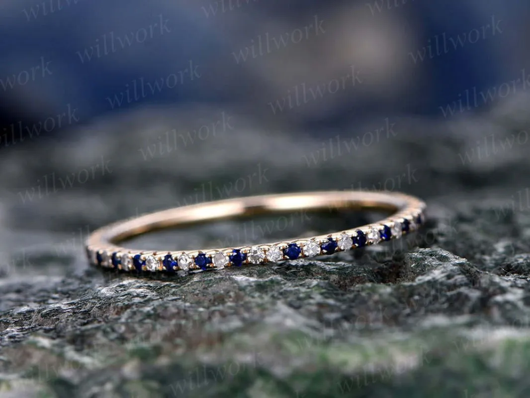 Natural blue sapphire wedding ring band solid 14k rose gold petite diamond ring full eternity tiny stones V Pave 1.2mm matching bridal band sold by Willwork Jewelry