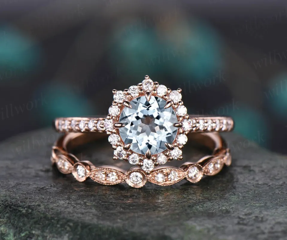 Round aquamarine bridal set unique vintage aquamarine engagement ring set art deco diamond ring for women March birthstone ring jewelry gift made by Willwork Jewelry