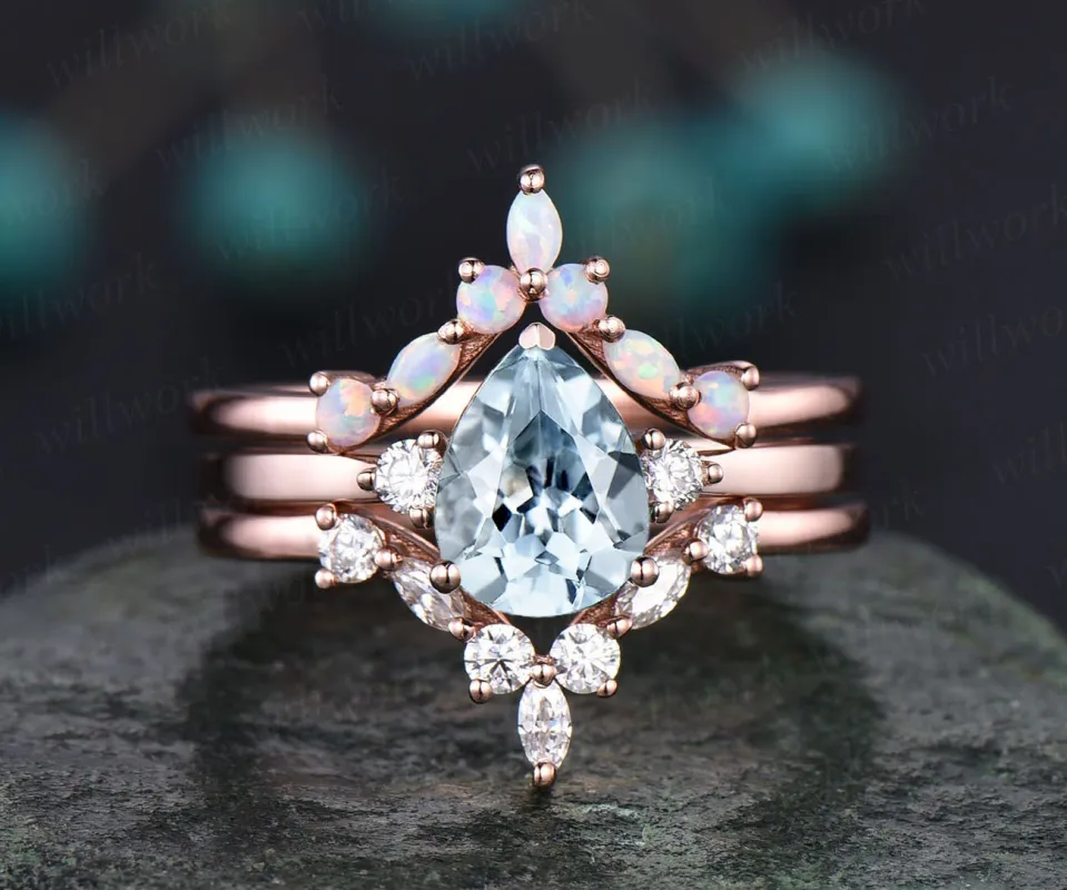 Curved marquise opal ring moissanite wedding bridal set 3pcs pear aquamarine engagement ring set rose gold March birthstone ring jewelry made by Willwork Jewelry