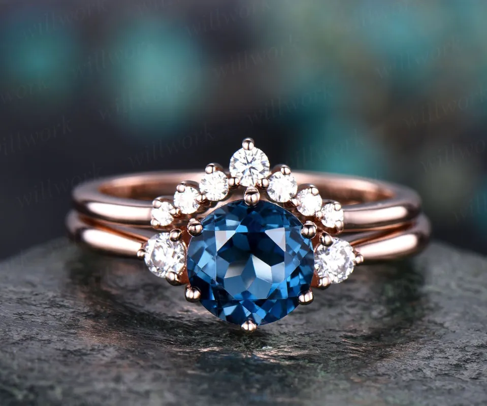 2pcs London blue topaz engagement ring set rose gold moissanite bridal ring set three stone engagement anniversary November birthstone ring made by Willwork Jewelry