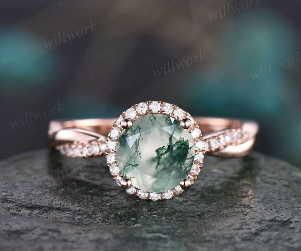 Round cut moss agate engagement ring vintage infinity diamond ring for women rose gold wedding ring eternity ring halo ring custom jewelry sold by Willwork Jewelry