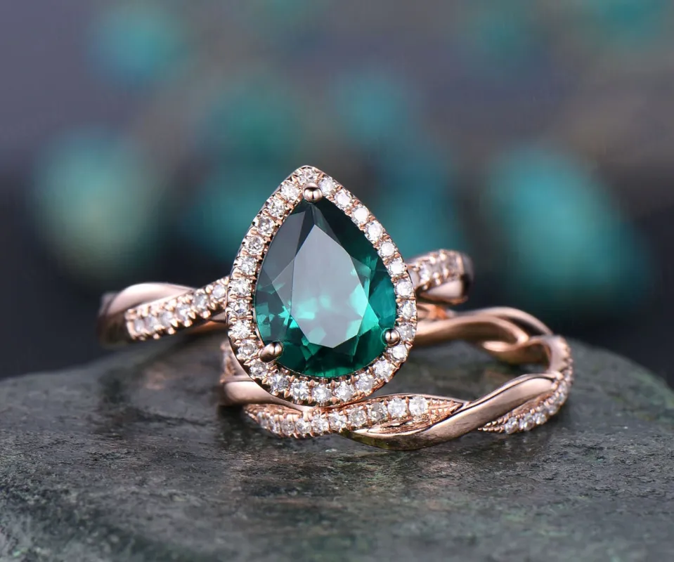 2pcs pear shaped emerald engagement ring set 14k rose gold emerald ring vintage full eternity diamond ring May birthstone ring bridal set sold by Willwork Jewelry