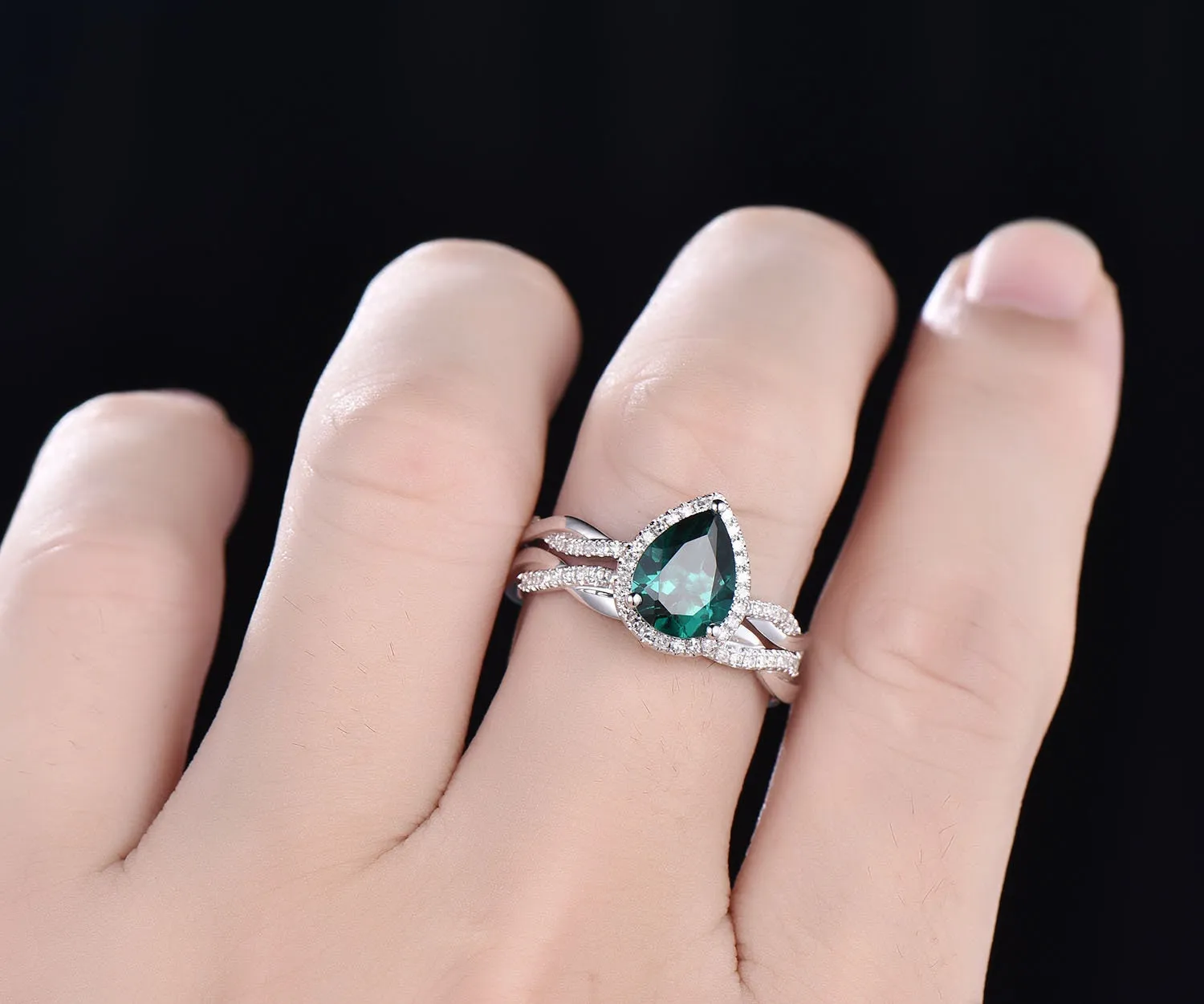 2pcs pear shaped emerald engagement ring set 14k rose gold emerald ring vintage full eternity diamond ring May birthstone ring bridal set sold by Willwork Jewelry product image thumbnail 2