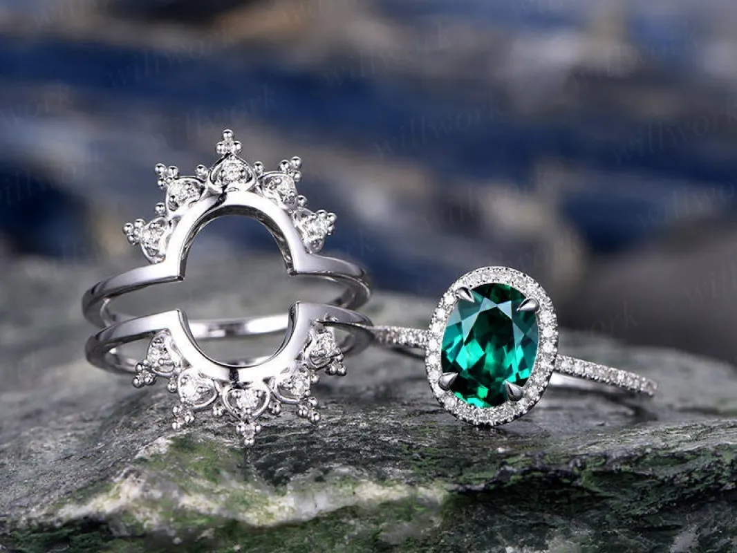 Emerald wedding bridal set emerald engagement ring set solid 14k white rose gold diamond halo crown unique vintage matching wedding ring set sold by Willwork Jewelry