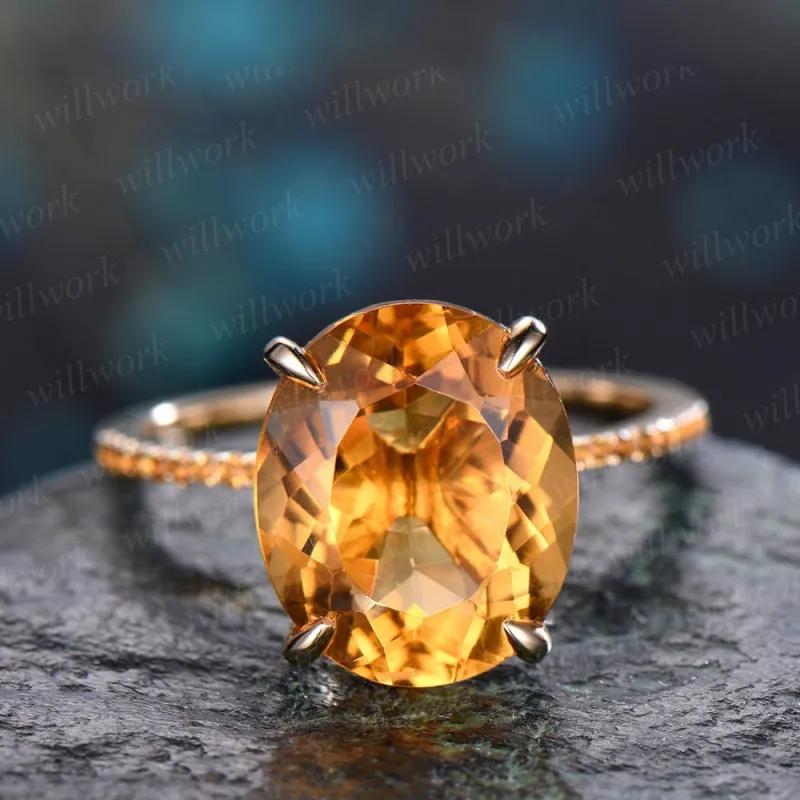 Citrine engagement ring solid 14k rose gold citrine wedding ring band 10x12mm oval antique unique november birthstone promise bridal ring sold by Willwork Jewelry