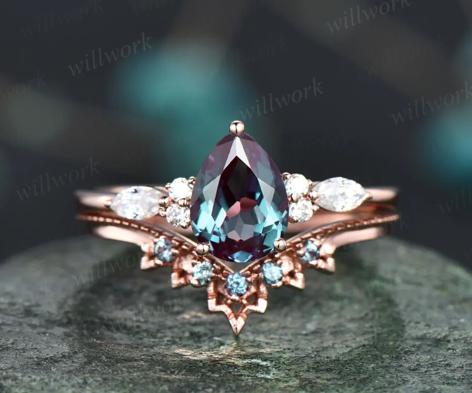 Alexandrite ring gold vintage Pear cut Alexandrite engagement ring set art deco rose gold ring women wedding promise stacking ring set gift sold by Willwork Jewelry
