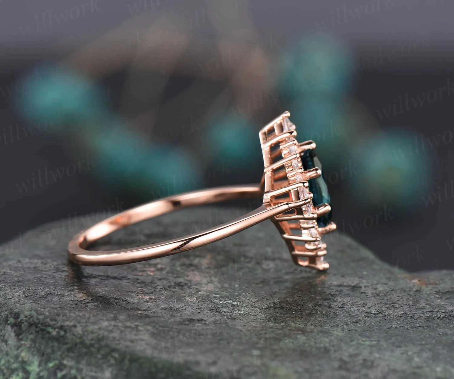 Cluster halo vintage unique engagement ring oval Alexandrite engagement ring rose gold princess cut moissanite ring anniversary gift sold by Willwork Jewelry product image thumbnail 4