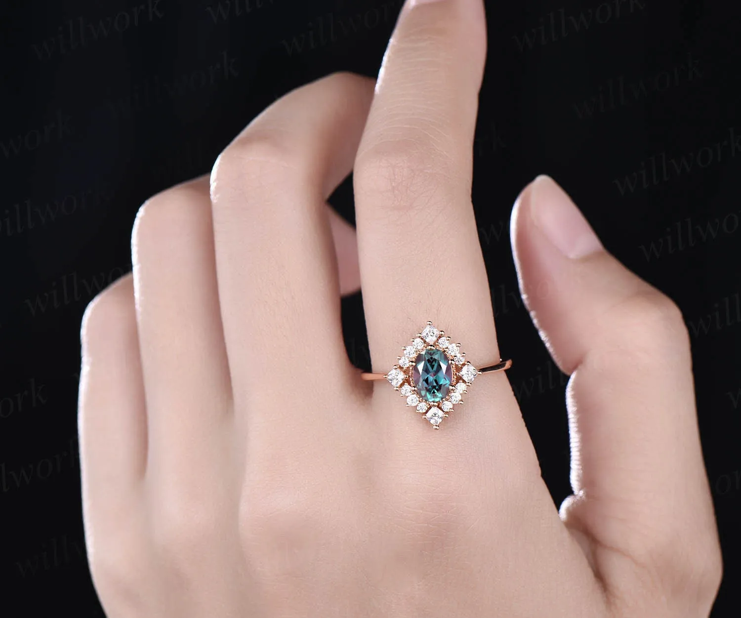 Cluster halo vintage unique engagement ring oval Alexandrite engagement ring rose gold princess cut moissanite ring anniversary gift sold by Willwork Jewelry product image thumbnail 2