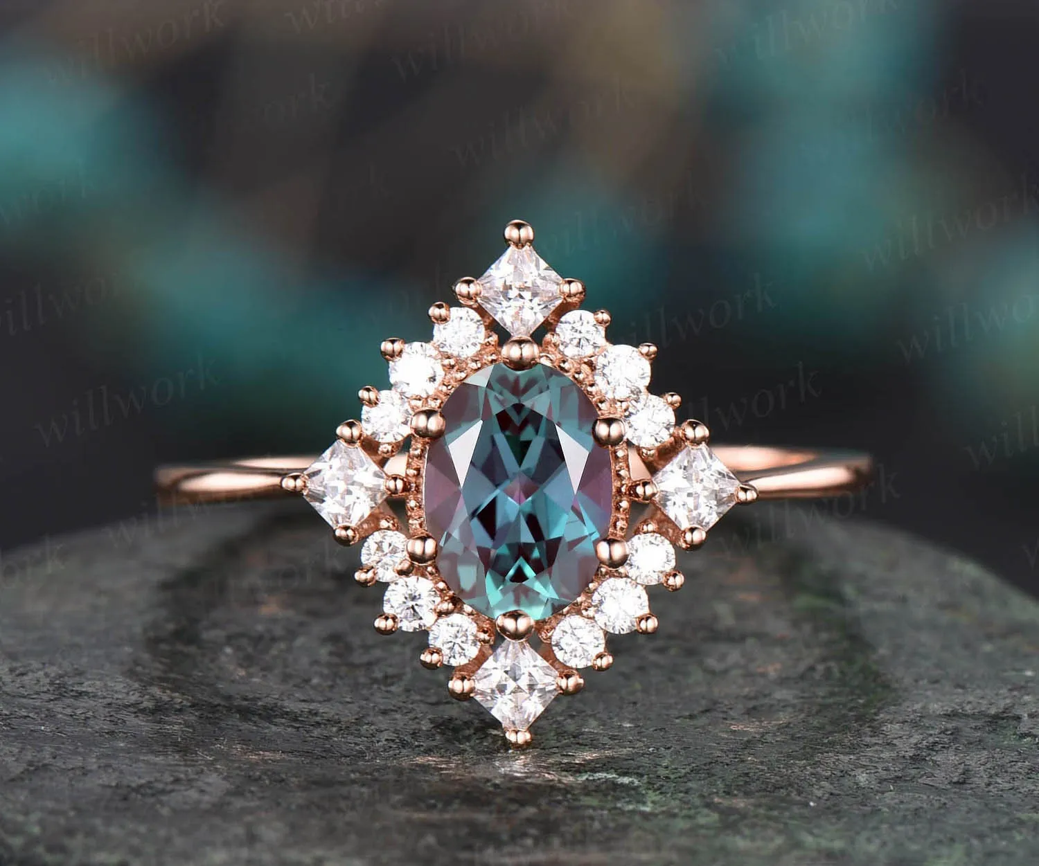 Cluster halo vintage unique engagement ring oval Alexandrite engagement ring rose gold princess cut moissanite ring anniversary gift sold by Willwork Jewelry