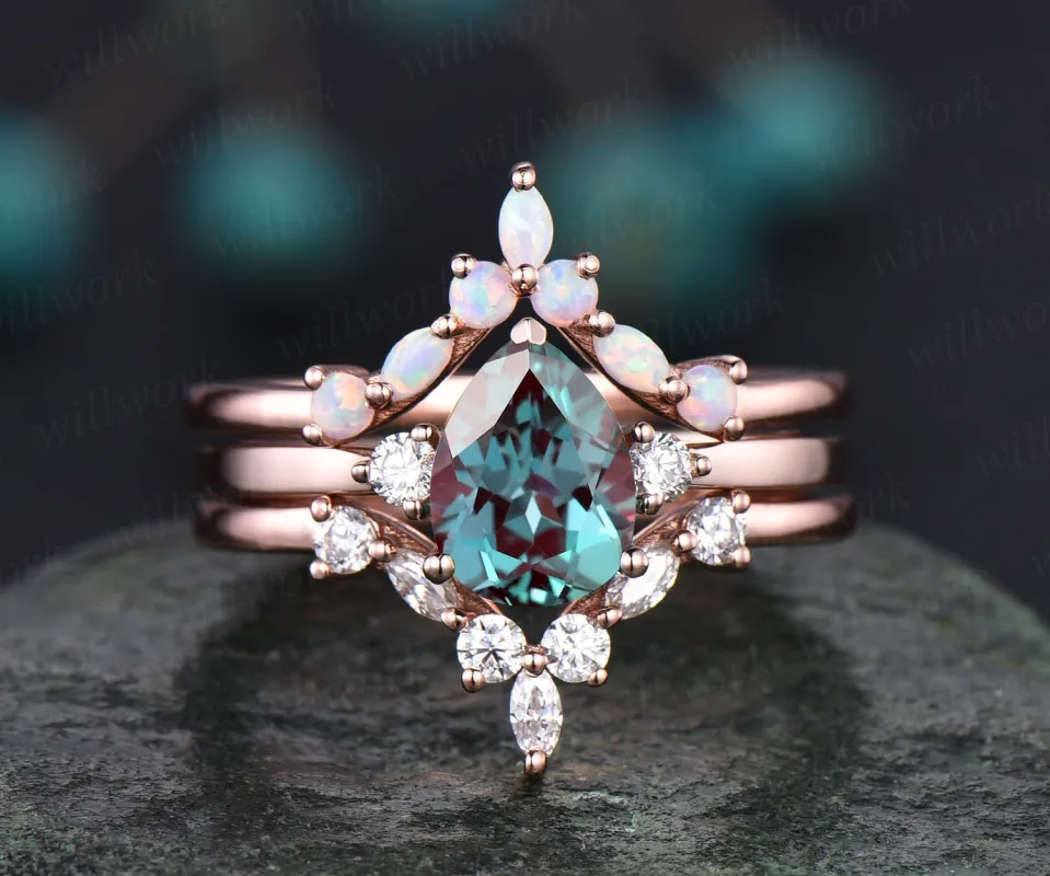 Opal ring gold women three stone ring vintage pear Alexandrite engagement ring set rose gold marquise ring set unique promise ring set gift sold by Willwork Jewelry