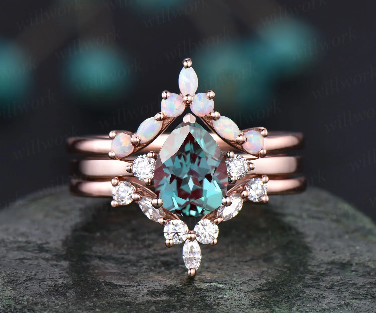 Opal ring gold women three stone ring vintage pear Alexandrite engagement ring set rose gold marquise ring set unique promise ring set gift sold by Willwork Jewelry