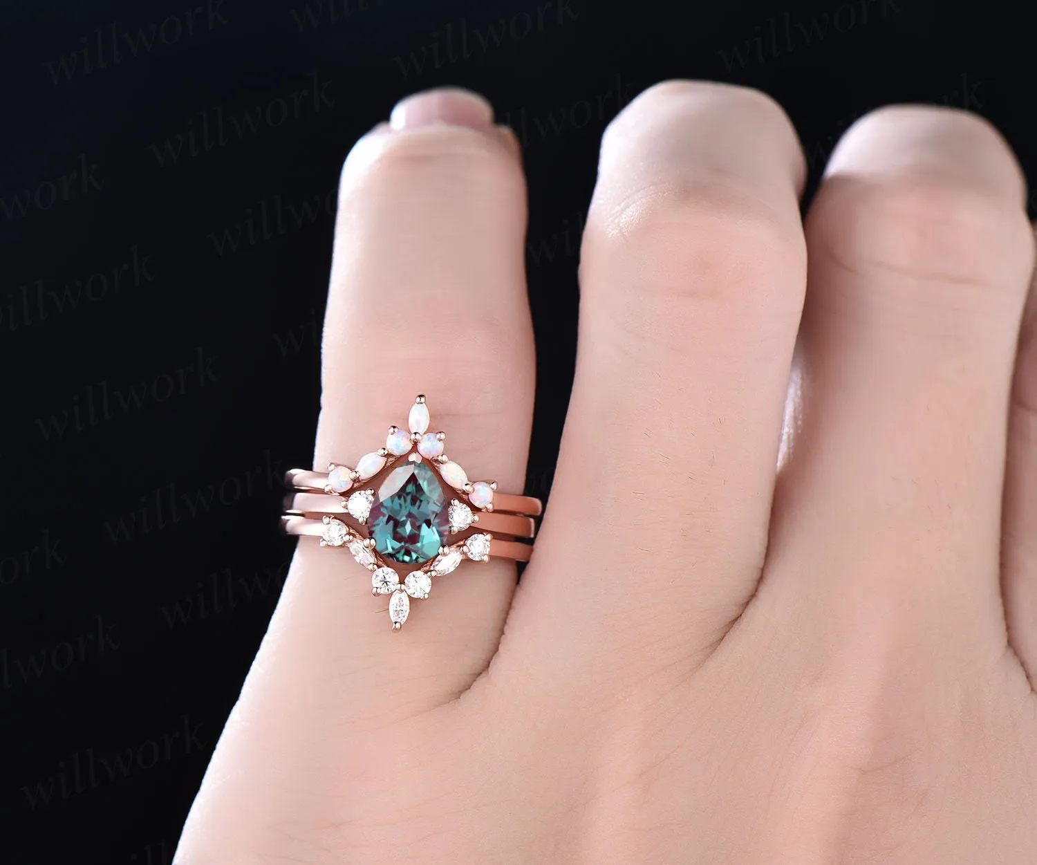 Opal ring gold women three stone ring vintage pear Alexandrite engagement ring set rose gold marquise ring set unique promise ring set gift sold by Willwork Jewelry product image thumbnail 2