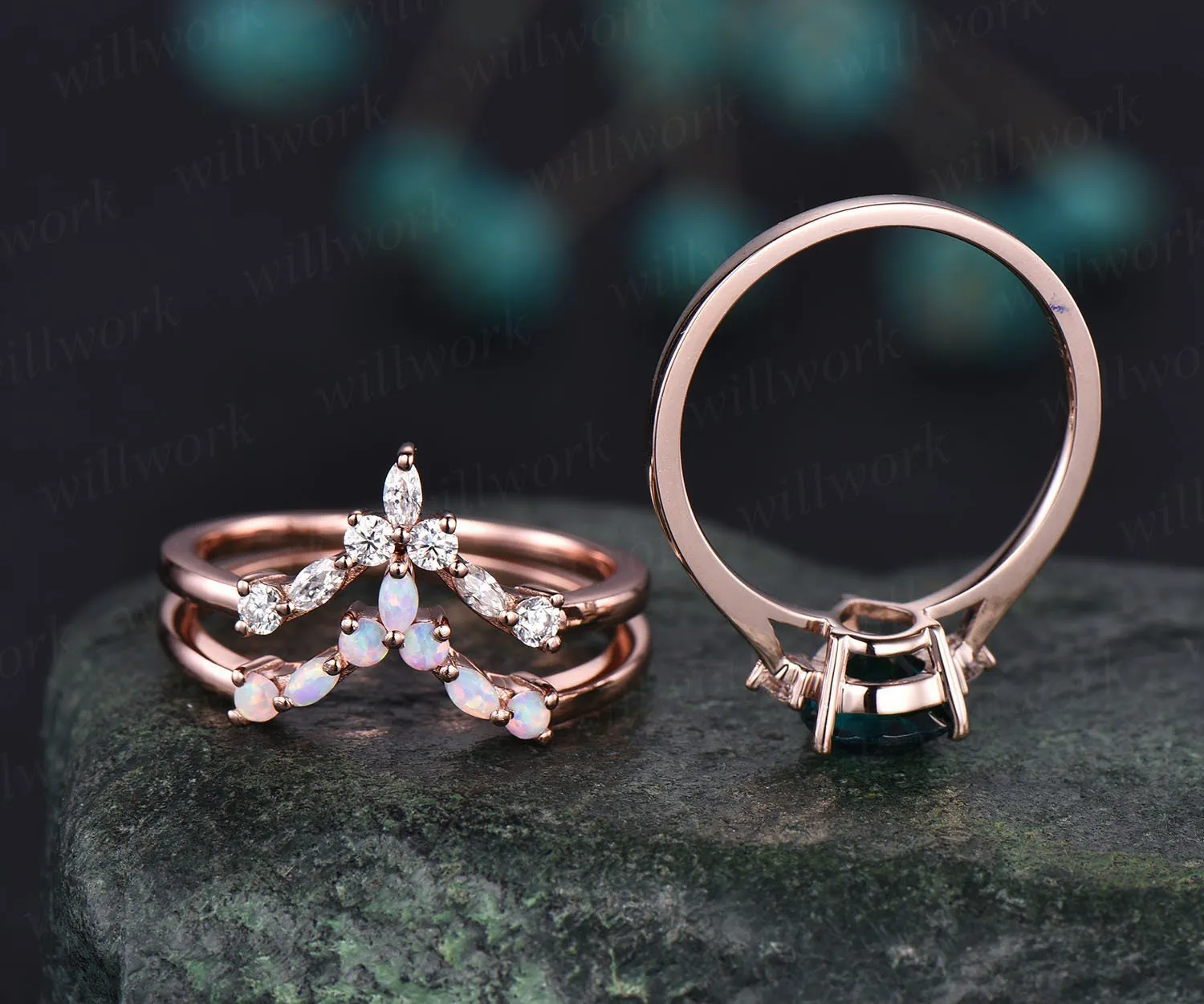 Opal ring gold women three stone ring vintage pear Alexandrite engagement ring set rose gold marquise ring set unique promise ring set gift sold by Willwork Jewelry product image thumbnail 4