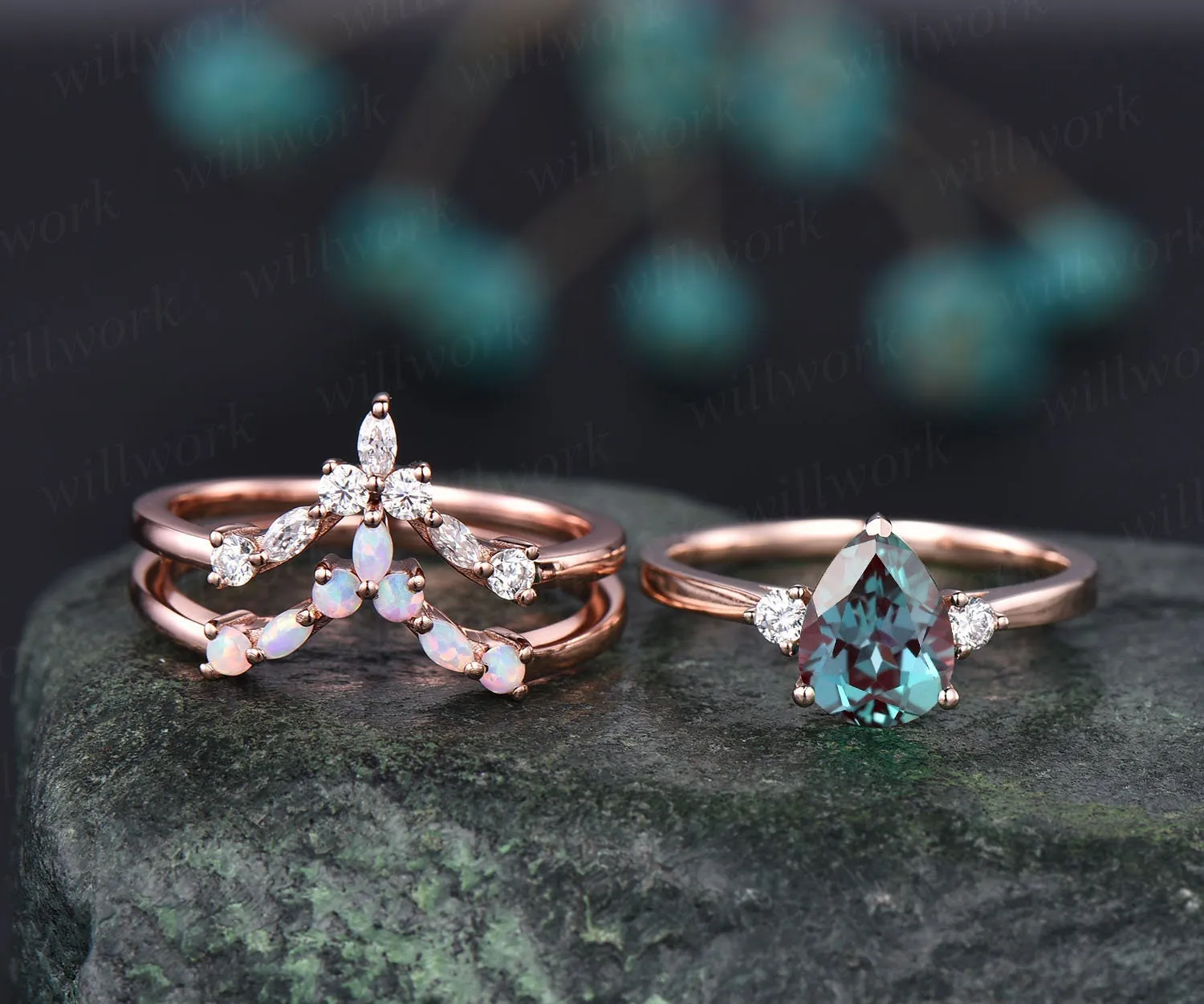 Opal ring gold women three stone ring vintage pear Alexandrite engagement ring set rose gold marquise ring set unique promise ring set gift sold by Willwork Jewelry product image thumbnail 3