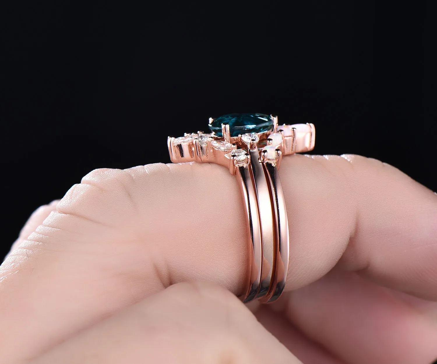 Opal ring gold women three stone ring vintage pear Alexandrite engagement ring set rose gold marquise ring set unique promise ring set gift sold by Willwork Jewelry product image thumbnail 5