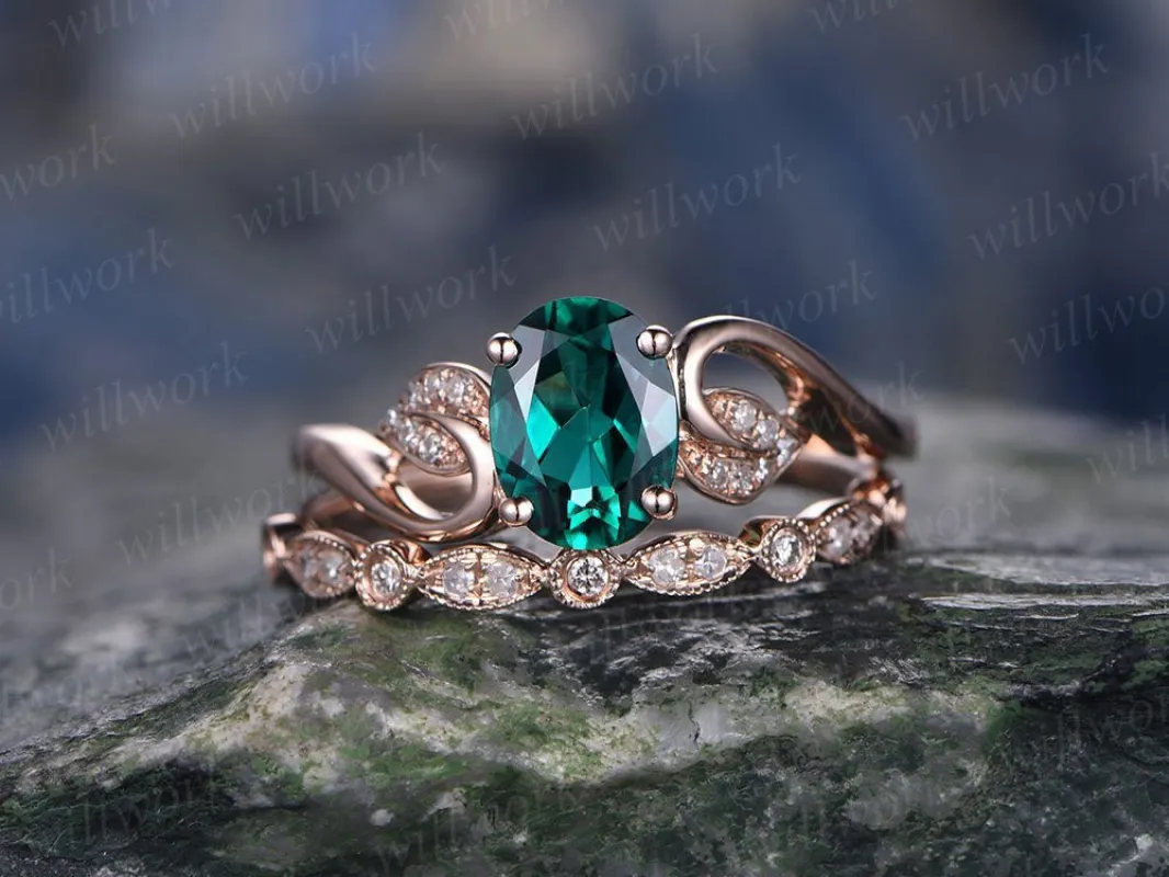 Emerald engagement ring set rose gold emerald ring vintage diamond ring 2pcs floral wedding bridal set May birthstone unique promise ring sold by Willwork Jewelry