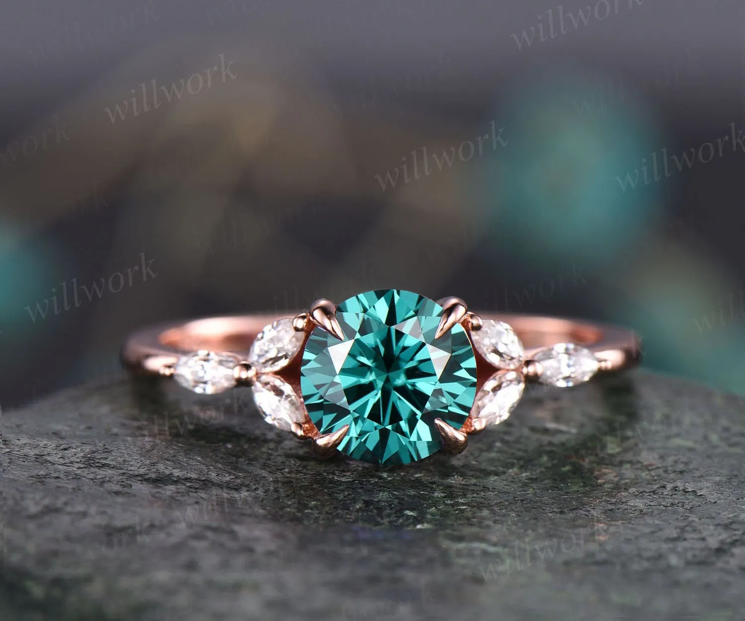 Round 1ct green moissanite engagement ring colorful moissanite ring for women vintage rose gold ring unique art deco best engagement ring sold by Willwork Jewelry