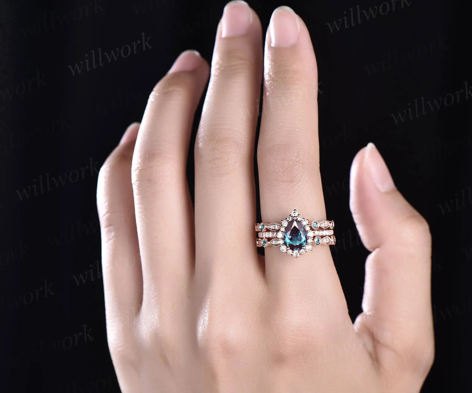 Vintage pear shaped Alexandrite engagement ring set halo rose gold ring milgrain diamond ring for women unique moissanite wedding ring set sold by Willwork Jewelry product image thumbnail 2