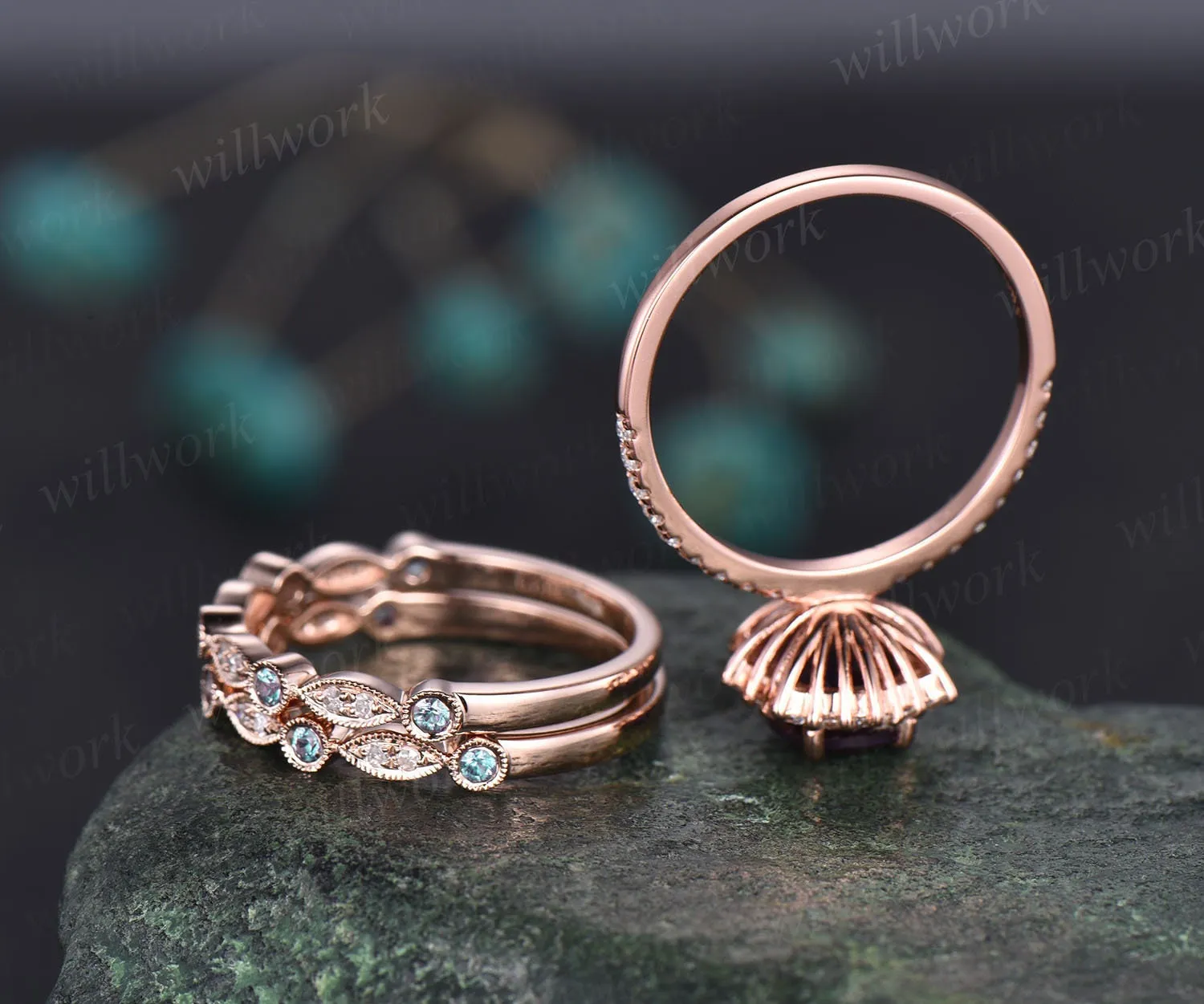 Vintage pear shaped Alexandrite engagement ring set halo rose gold ring milgrain diamond ring for women unique moissanite wedding ring set sold by Willwork Jewelry product image thumbnail 5