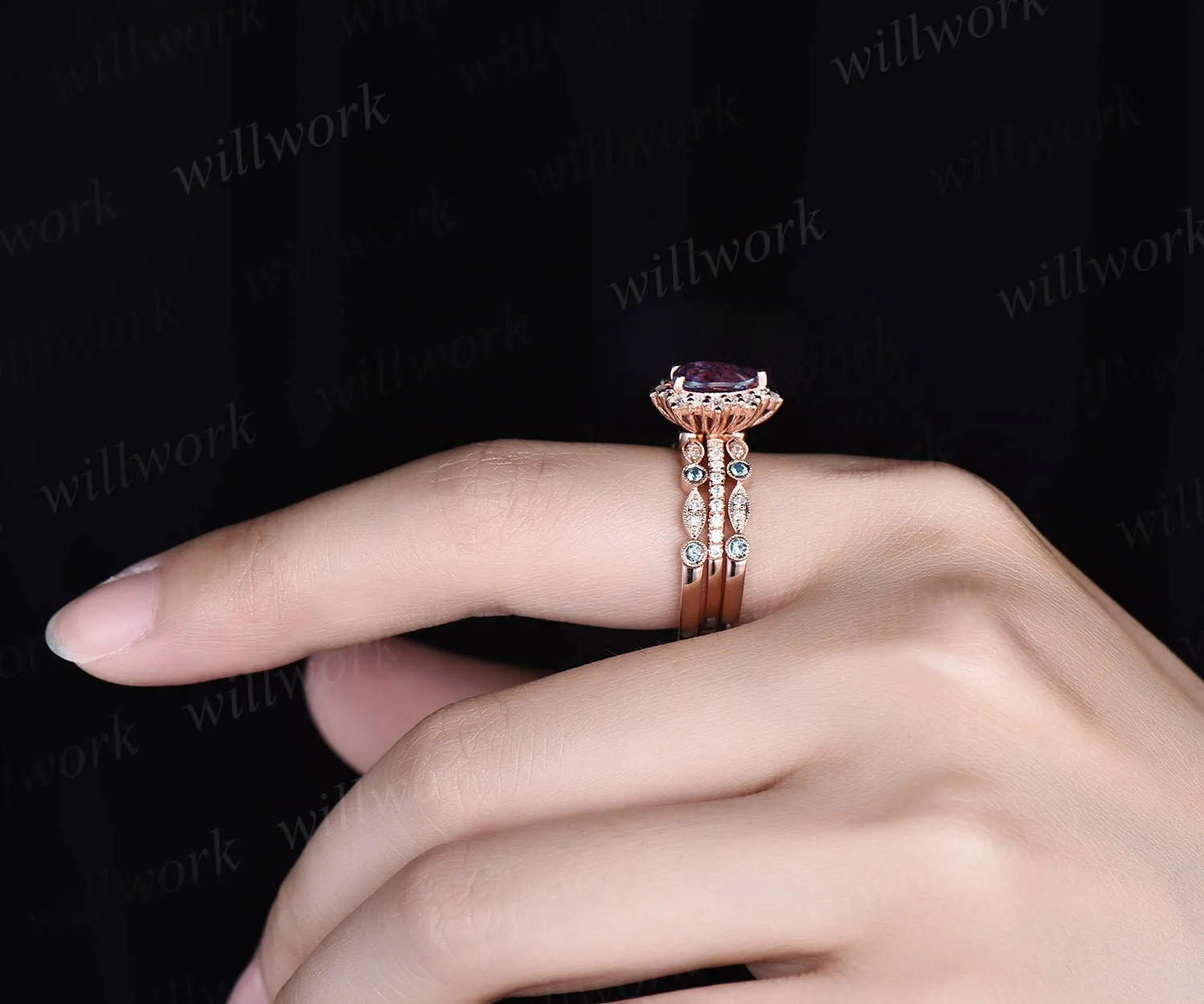 Vintage pear shaped Alexandrite engagement ring set halo rose gold ring milgrain diamond ring for women unique moissanite wedding ring set sold by Willwork Jewelry product image thumbnail 4