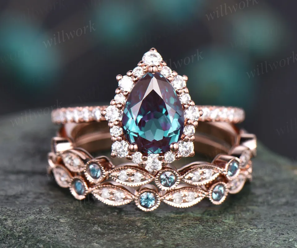 Vintage pear shaped Alexandrite engagement ring set halo rose gold ring milgrain diamond ring for women unique moissanite wedding ring set sold by Willwork Jewelry