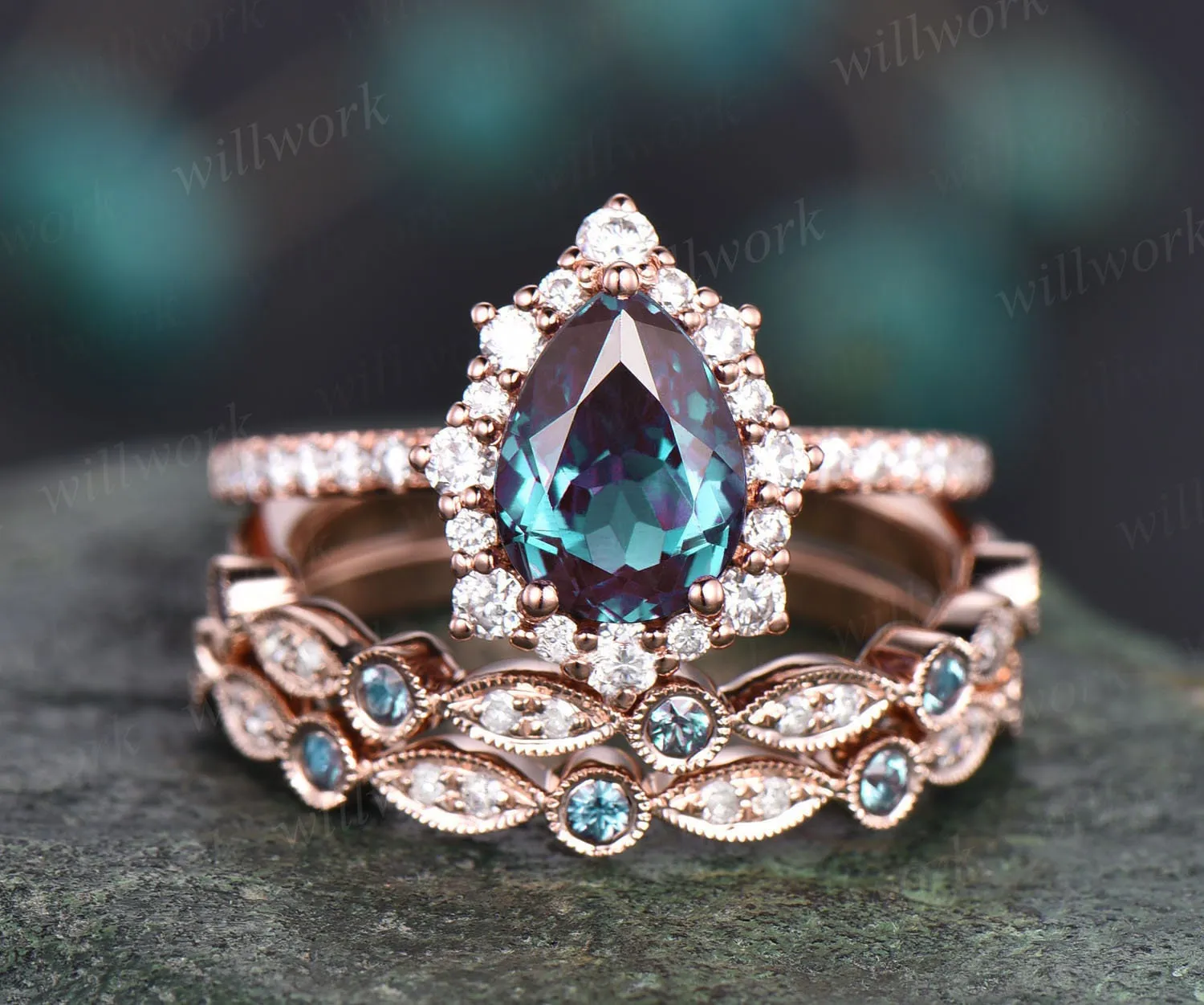 Vintage pear shaped Alexandrite engagement ring set halo rose gold ring milgrain diamond ring for women unique moissanite wedding ring set sold by Willwork Jewelry