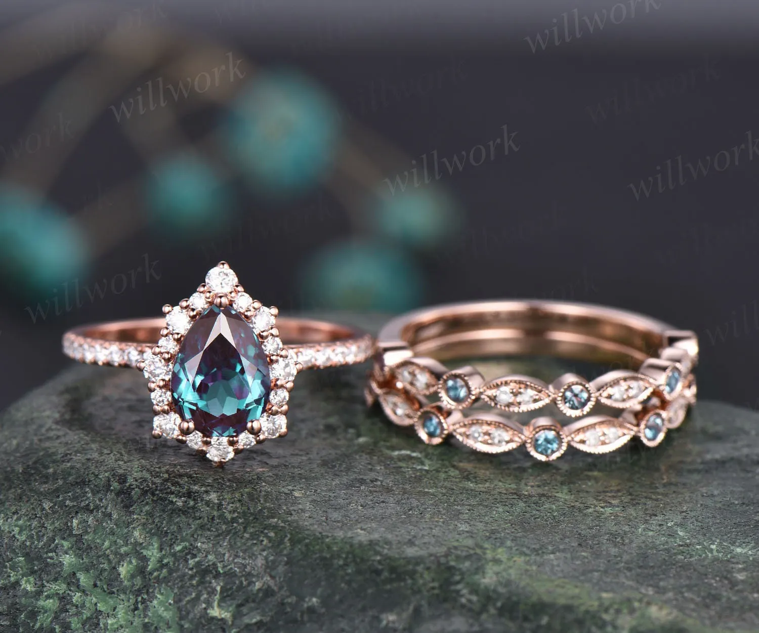 Vintage pear shaped Alexandrite engagement ring set halo rose gold ring milgrain diamond ring for women unique moissanite wedding ring set sold by Willwork Jewelry product image thumbnail 3
