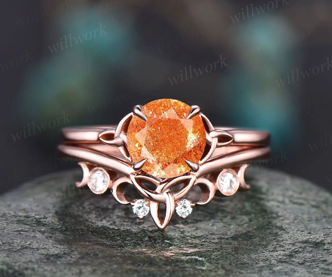 Round sunstone engagement ring set vintage unique solitaire rose gold engagement ring Norse Viking jewelry moissanite wedding ring for women sold by Willwork Jewelry product image thumbnail 3
