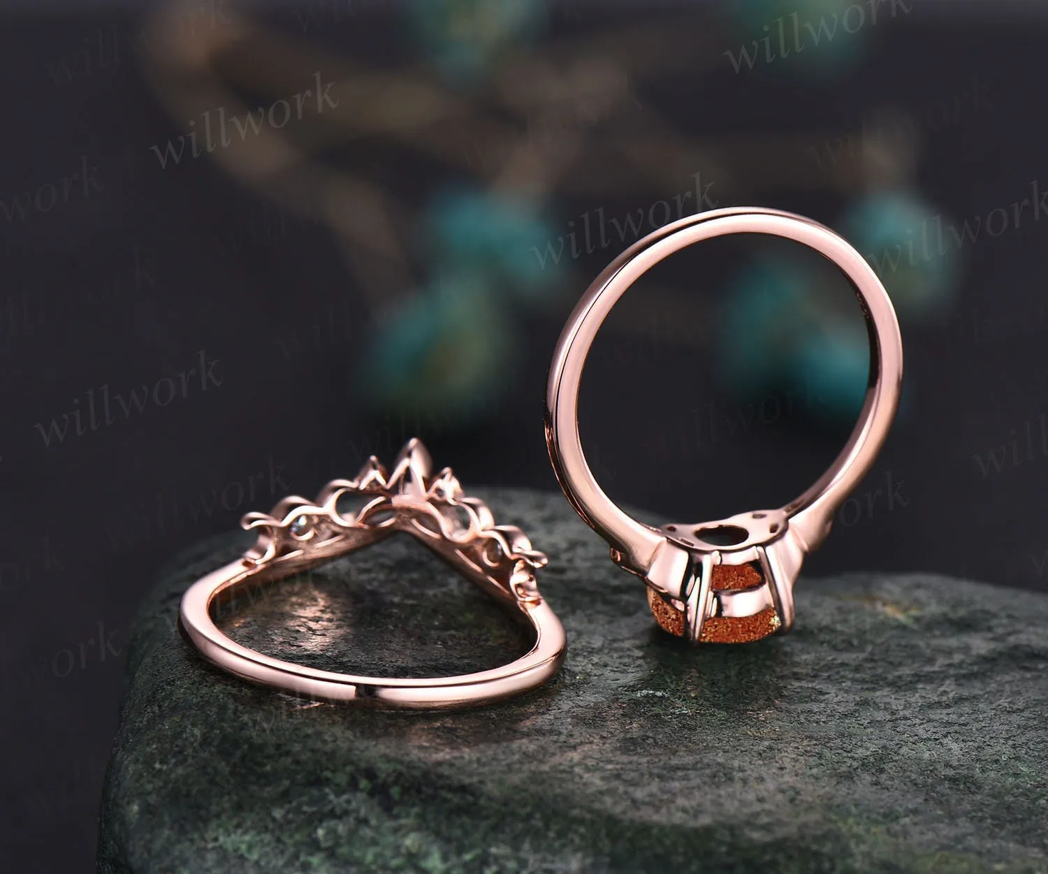 Round sunstone engagement ring set vintage unique solitaire rose gold engagement ring Norse Viking jewelry moissanite wedding ring for women sold by Willwork Jewelry product image thumbnail 4