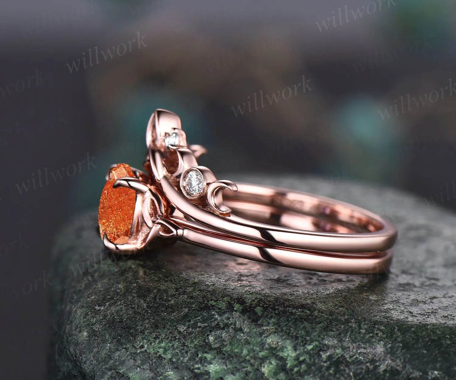 Round sunstone engagement ring set vintage unique solitaire rose gold engagement ring Norse Viking jewelry moissanite wedding ring for women sold by Willwork Jewelry product image thumbnail 5