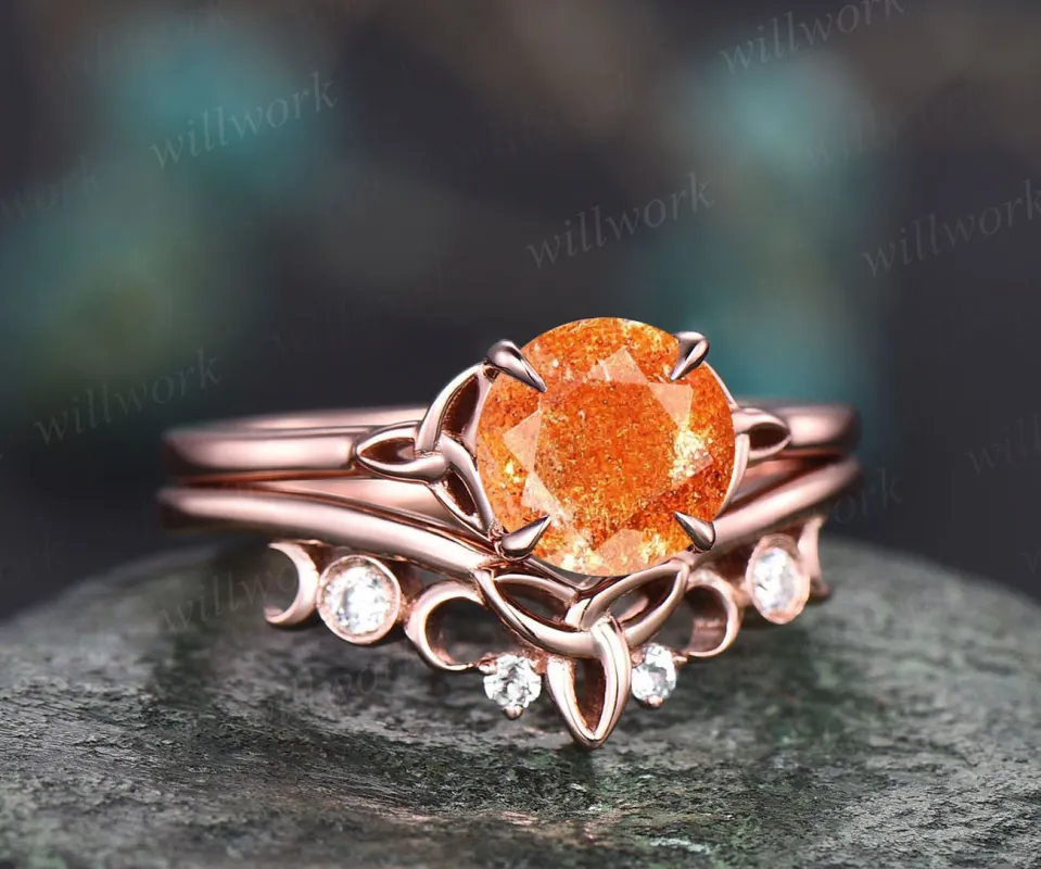 Round sunstone engagement ring set vintage unique solitaire rose gold engagement ring Norse Viking jewelry moissanite wedding ring for women sold by Willwork Jewelry